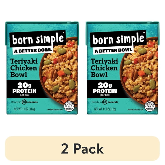 (2 pack) Born Simple Teriyaki Chicken Rice Bowl, 11 oz Shelf-Stable Box