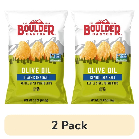 (2 pack) Boulder Canyon Olive Oil Classic Sea Salt Kettle Style Potato Chips, Gluten-Free, 7.5 oz Bag