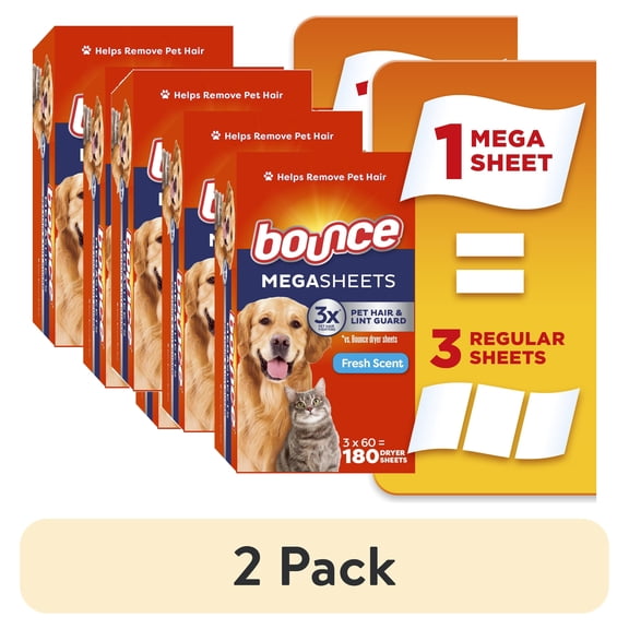 (2 pack) Bounce Pet Hair and Lint Guard Mega Dryer Sheets with 3X Pet Hair Fighters, Fresh Scent, 180 Count