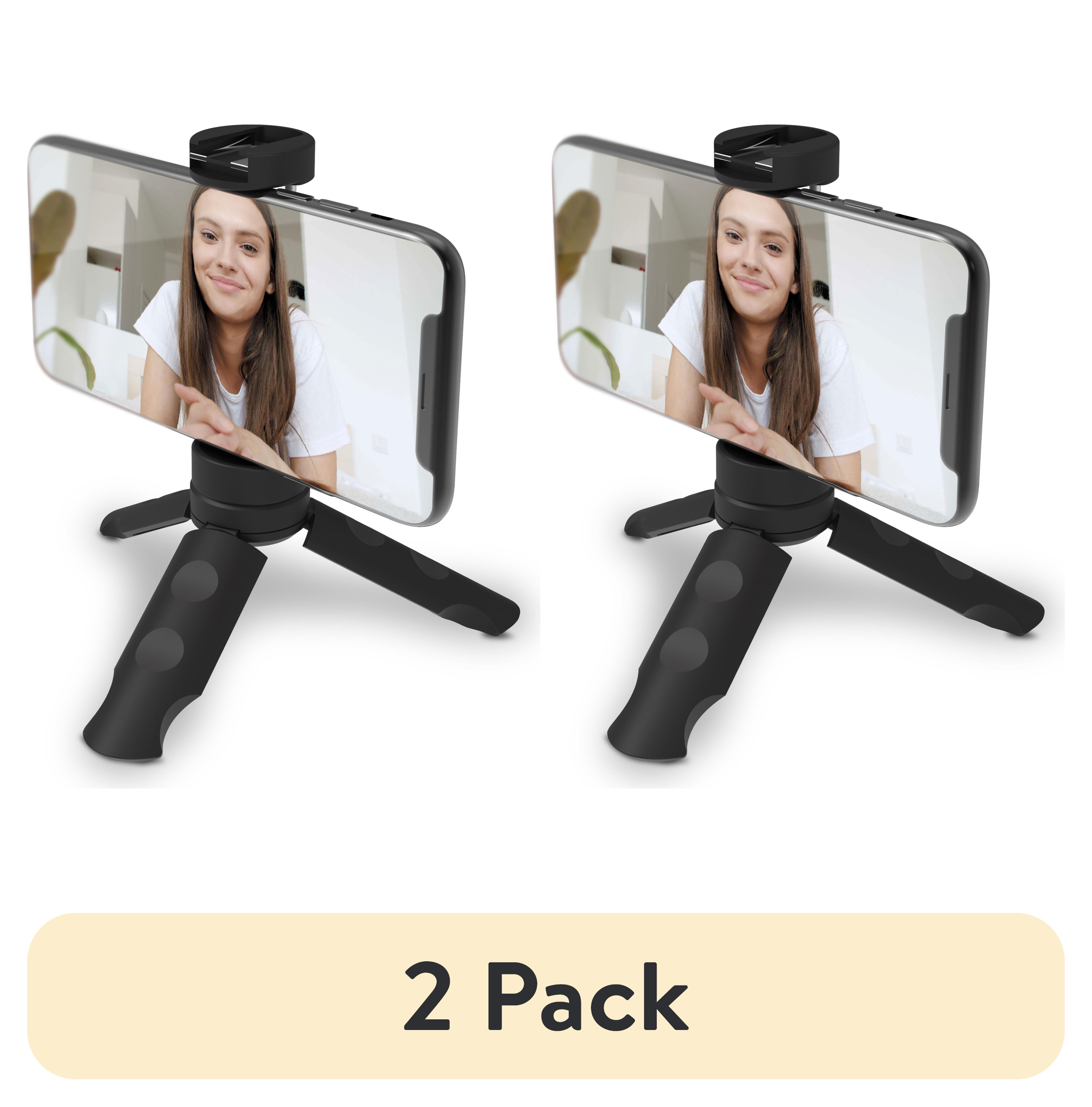 (2 pack) Bower Mobile Top Grip Tripod with Cold Shoe Mount and 360 Degree Smartphone Holder, also compatible with LED lights, flashes & microphones, Black