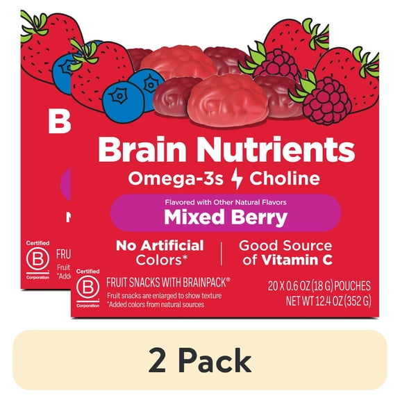 (2 pack) Brainiac Fruit Snacks with BrainPack, Mixed Berry Flavor, 20 Count