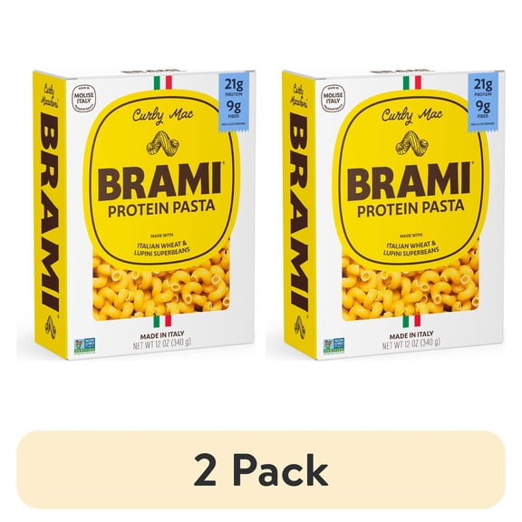 (2 pack) Brami Curly Mac High Protein Pasta, Made in Italy, 21g Protein, High Fiber, Durum Wheat Plus Lupini Beans, Bronze Cut Shelf-Stable Noodles, 12 oz Box