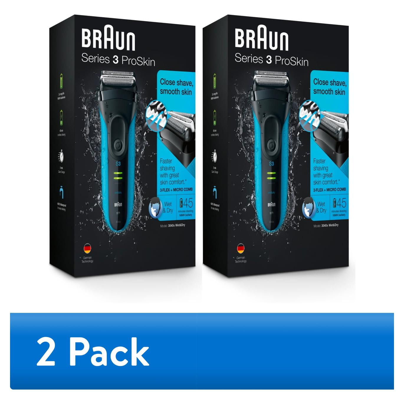 2 pack) Braun Electric Shaver Series 3, ProSkin 3040s, Wet & Dry