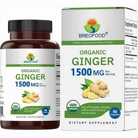 (2 pack) Brieofood Organic Ginger 1500mg, 45 Servings, Vegetarian, Gluten Free, 90 Vegetarian Tablets