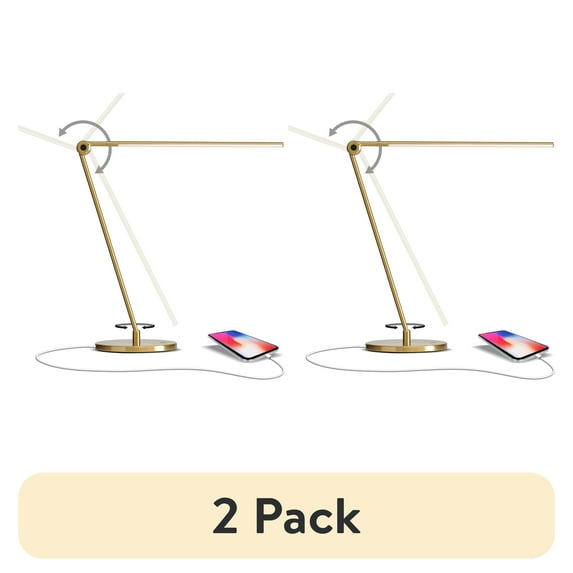 (2 pack) Brightech Libra 20" LED Table Lamp - Contemporary Minimalist Standing Lamp - Adjustable Pivoting LED Head with Built-in Dimmer and Color Changing LED - Brass