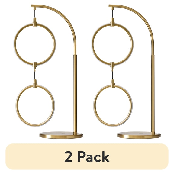 (2 pack) Brightech Nova Modern Table Lamp - Contemporary Arc Desk Lamp with 2-Circle Ring-Style Pendant - Alexa Compatible Nightstand Beside The Couch Lamp with Arching Pole Matches Living Room Décor - Brass
