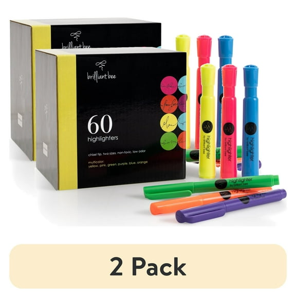 (2 pack) Brilliant Bee - 60 Highlighters - Low Odor, Chisel Tip - 2 Sizes, 6 Colors