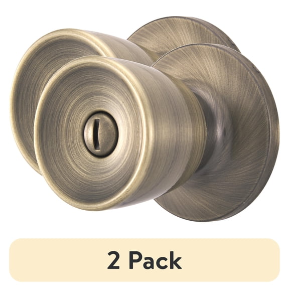 (2 pack) Brinks Interior Locking Privacy Classic Bell Style Doorknob, Antique Brass Finish