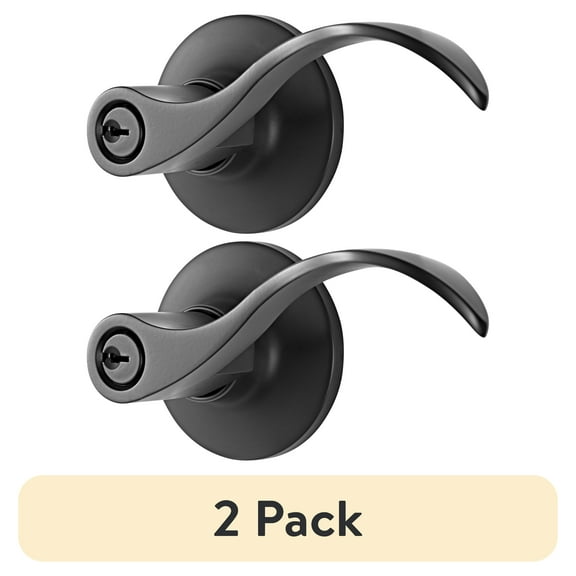 (2 pack) Brinks Keyed Entry Modern Wave Style Lever Doorknob with Pro-Guard, Matte Black Finish