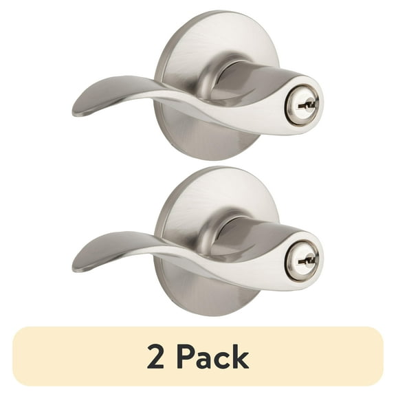 (2 pack) Brinks Keyed Entry Modern Wave Style Lever Doorknob with Pro-Guard, Satin Nickel Finish