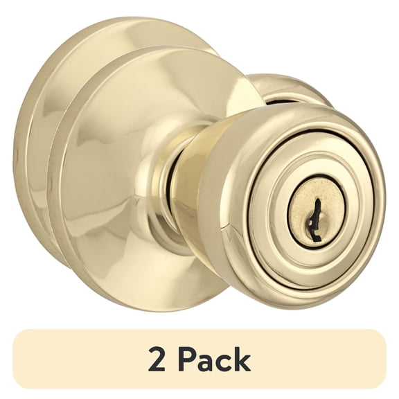 (2 pack) Brinks Keyed Entry Tulip Style Doorknob, Polished Brass Finish