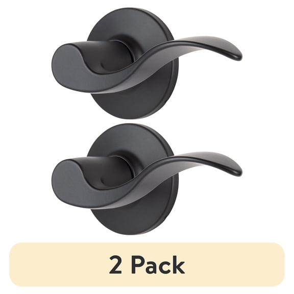 (2 pack) Brinks Non-Locking Passage Modern Wave Style Lever Doorknob, Matte Black Finish