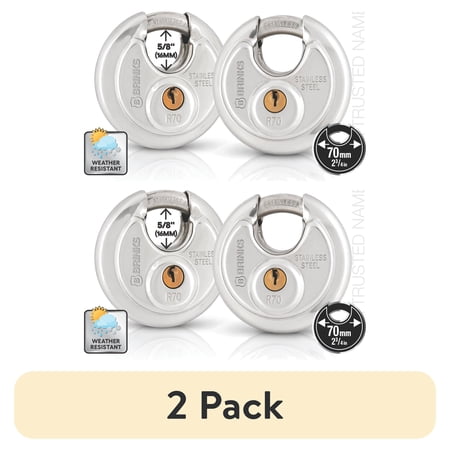 (2 pack) Brinks Stainless Steel 70mm Keyed Discus Padlock with 5/8in Shackle, 2 pack