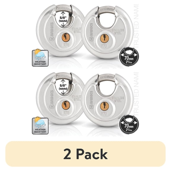 (2 pack) Brinks Stainless Steel 70mm Keyed Discus Padlock with 5/8in Shackle, 2 pack