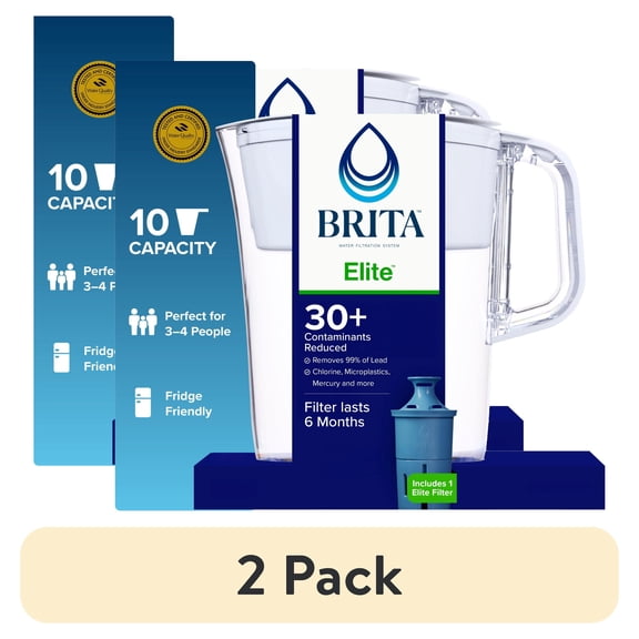 (2 pack) Brita 10 Cup Large Plastic Water Filter Pitcher, White, BPA Free with 1 Elite Brita Filter