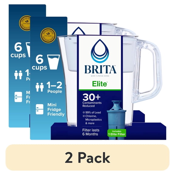 (2 pack) Brita Elite 6-Cup, White Plastic Water Filtration Pitcher, Reduces Lead