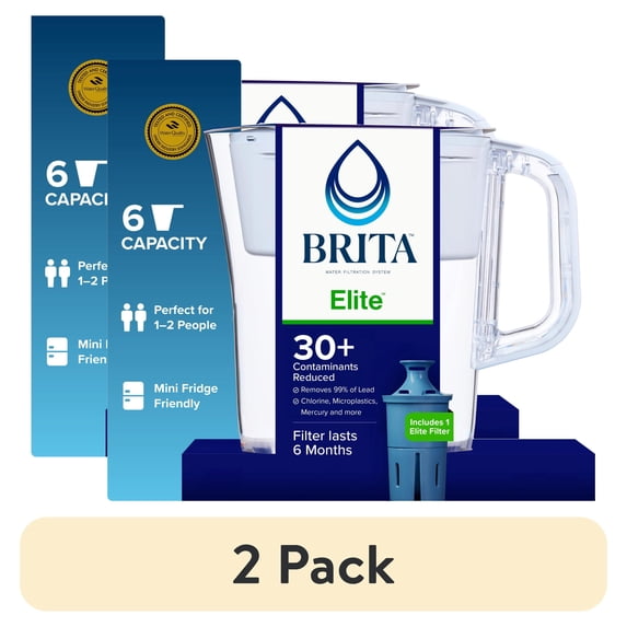 (2 pack) Brita 6 Cup Small Plastic Water Filter Pitcher, White, BPA Free with 1 Brita Elite Filter