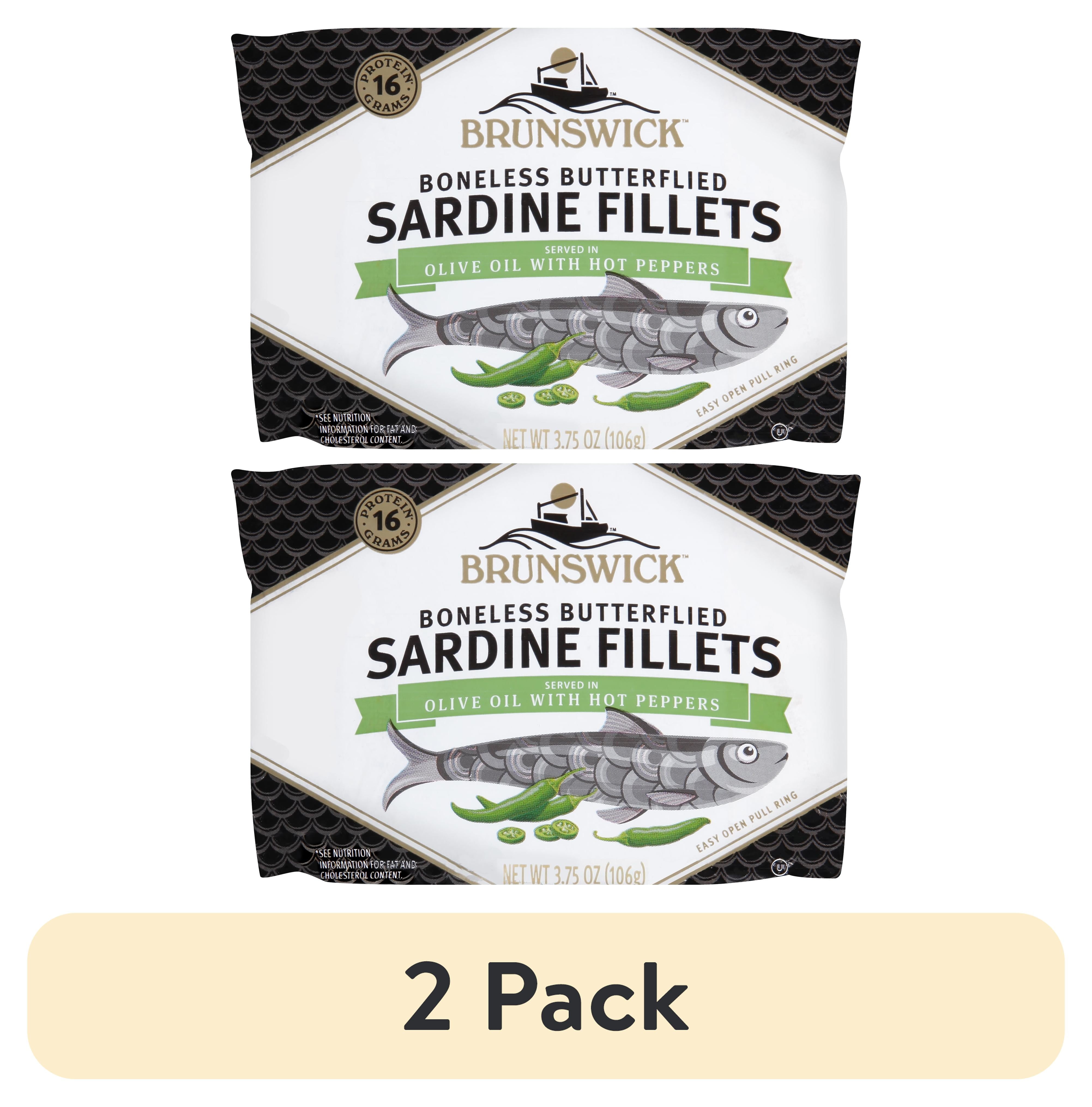 (2 pack) Brunswick Sardines in Olive Oil with Hot Peppers, Boneless Butterflied Herring Fillets, Wild Caught, Gluten Free, 16g Protein per Serving, Shelf Stable Can, 3.75 oz