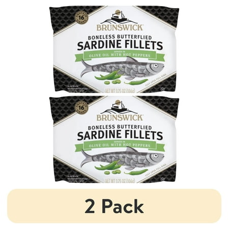 (2 pack) Brunswick Sardines in Olive Oil with Hot Peppers, Boneless Butterflied Herring Fillets, Wild Caught, Gluten Free, 16g Protein per Serving, Shelf Stable Can, 3.75 oz