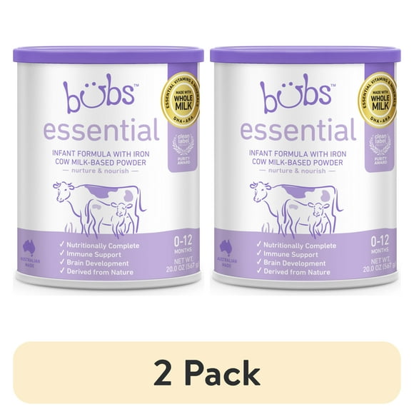 (2 pack) Bubs Essential Baby Formula with Iron, Cow Milk-Based, for Infants 0 to 12 Months, 20 oz Canister