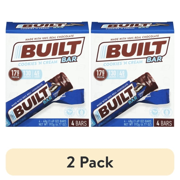 (2 pack) BUILT Puff Protein Bar, Cookies N' Cream, 17g Protein, Collagen, 130 Calories, 4 Count Box, 1.69 oz Bars