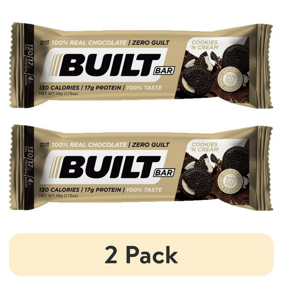 (2 pack) BUILT Puff Protein Bar, Cookies N' Cream, 17g Protein, Collagen, 130 Calories, Single 1.73 oz Bar