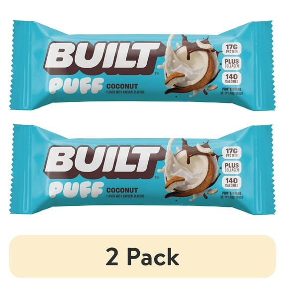 (2 pack) BUILT Puff Protein Bar, Coconut, 17g Protein, Collagen, 140 Calories, Single 1.41 oz Bar