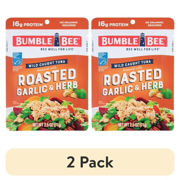 (2 pack) Bumble Bee Roasted Garlic & Herb Seasoned Light Tuna, Wild Caught, Gluten Free, 16g Protein per Serving, Shelf Stable Pouch, 2.5 oz