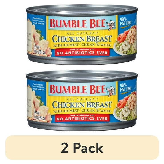 (2 pack) Bumble Bee All-Natural Chicken Breast in Water, No Antibiotics, Cage Free, Gluten Free, 13g Protein per Serving, Shelf Stable Can, 10 oz