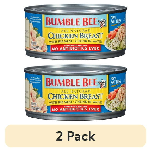 (2 pack) Bumble Bee All-Natural Chicken Breast in Water, No Antibiotics, Cage Free, Gluten Free, 13g Protein per Serving, Shelf Stable Can, 10 oz