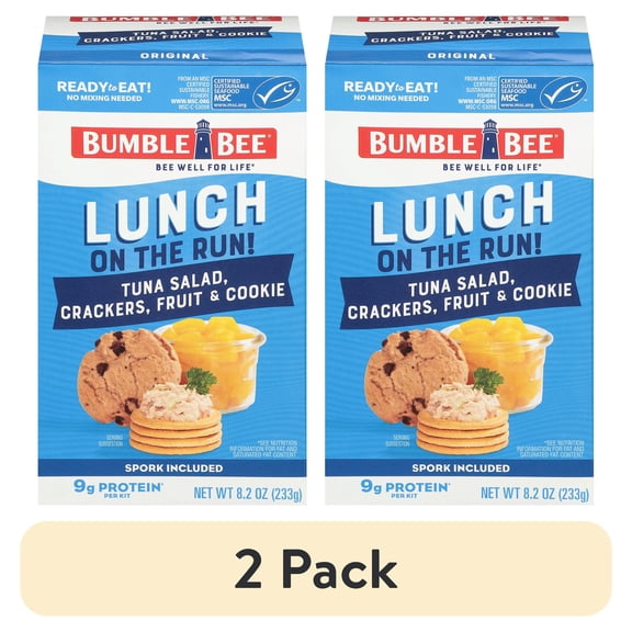 (2 pack) Bumble Bee Lunch on The Run Tuna Salad with Crackers Kit, Wild Caught, Ready to Eat, Includes Peach Cup and Cookie, Shelf Stable Box, 8.2 oz