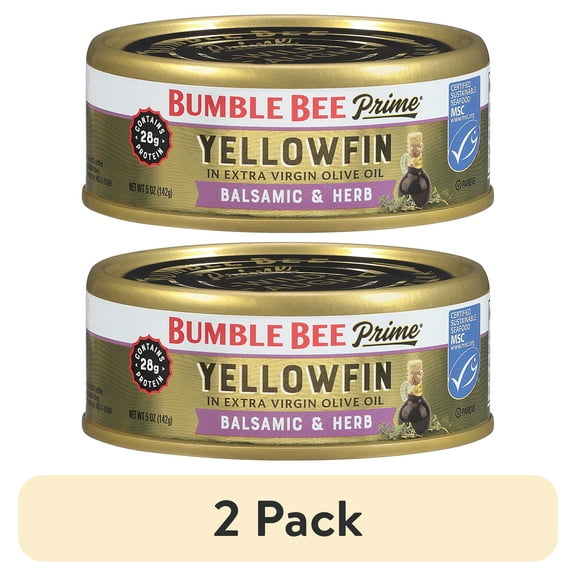 (2 pack) Bumble Bee Prime Balsamic and Herb Yellowfin Tuna in Extra Virgin Olive Oil, Wild Caught, Gluten Free, 28g Protein per Serving, Kosher, Shelf Stable Can, 5 oz