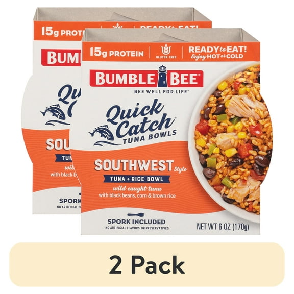 (2 pack) Bumble Bee Quick Catch Southwest Style Tuna and Rice Bowl, Wild Caught, Gluten Free, Ready to Eat, 15g Protein per Serving, Shelf Stable Bowl, 6 oz