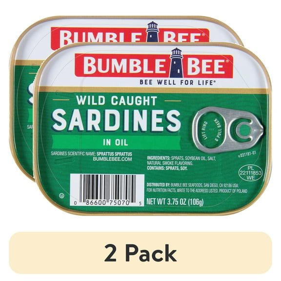 (2 pack) Bumble Bee Wild Caught Sardines in Oil, Gluten Free, 13g Protein Per Serving, Ready to Eat, Shelf Stable Tin Can, 3.75 oz