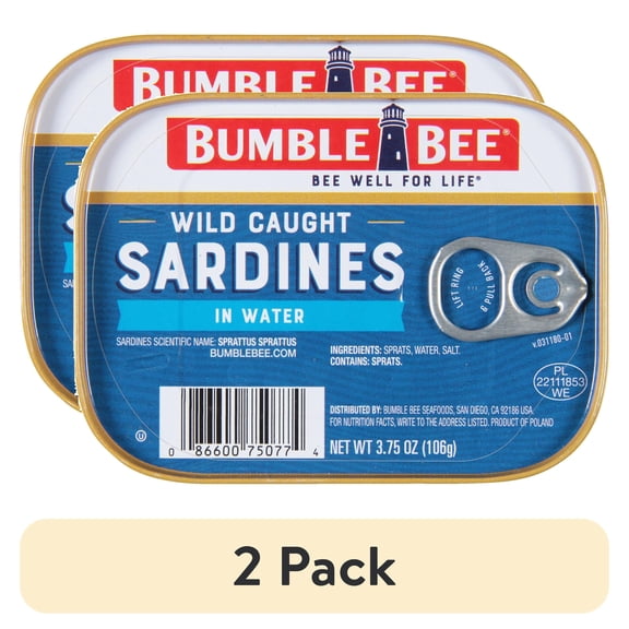 (2 pack) Bumble Bee Wild Caught Sardines in Water, Gluten Free, 12g Protein per Serving, Clean Ingredients, Kosher, Shelf Stable Tin Can, 3.75 oz
