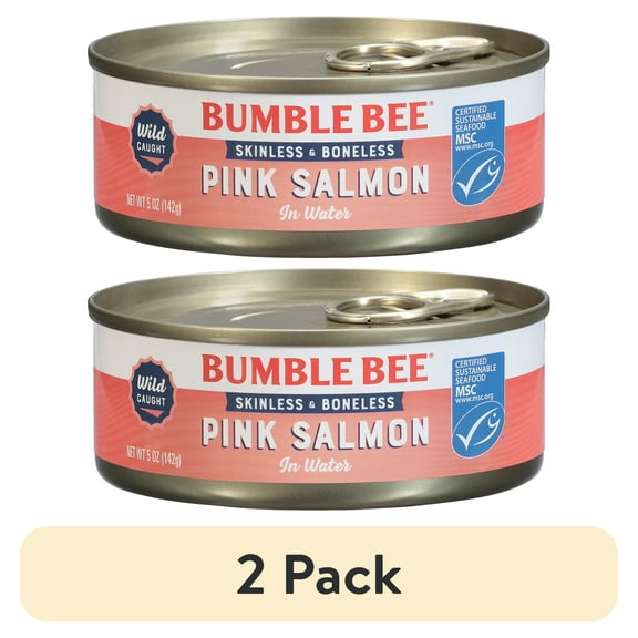 (2 pack) Bumble Bee Skinless and Boneless Canned Pink Salmon, Wild Caught, Gluten Free, 20g Protein Per Serving, Ready to Eat, Shelf Stable Can, 5oz