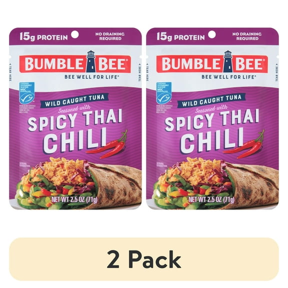 (2 pack) Bumble Bee Spicy Thai Chili Seasoned Light Tuna, Wild Caught, Gluten Free, 15g Protein Per Serving, Shelf Stable Pouch, 2.5 oz
