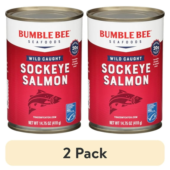 (2 pack) Bumble Bee Wild Caught Red Sockeye Salmon, Gluten Free, 20g Protein Per Serving, Shelf Stable Can, 14.75 oz