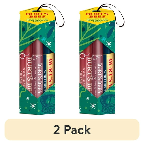 (2 pack) Burt's Bees Mistletoe Kiss Gift Set, Vanilla Lip Balm, Tinted Lip Balm and Lip Shimmer, 3 Tubes
