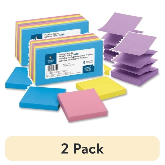 (2 pack) Business Source Reposition Pop-up Adhesive Notes 3" x 3" - Square - Assorted - Removable, Repositionable, Solvent-free Adhesive - 12 / Pack