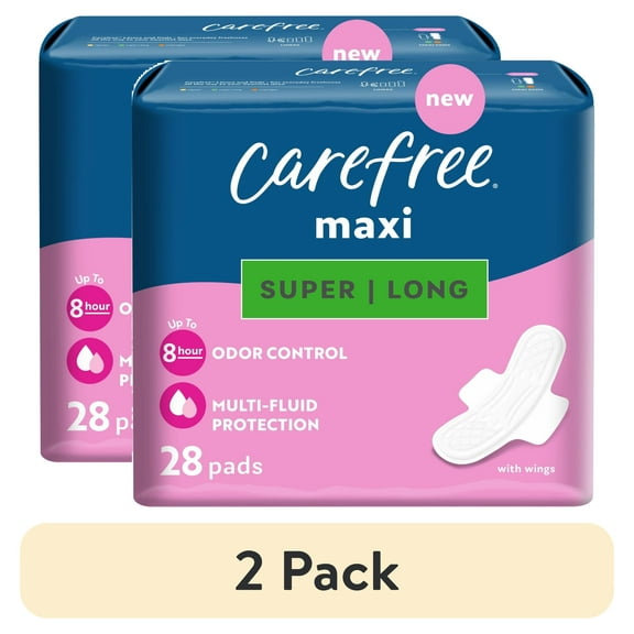 (2 pack) Carefree Maxi Pads with Wings, Long, Super Absorbency, 28 Count