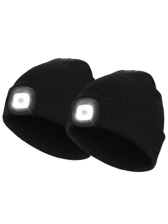 (2 pack) CENSGO Beanie with a Light, Ideal Christmas Stuffers Gifts for Men, USB Lighted Knitted Cap Black