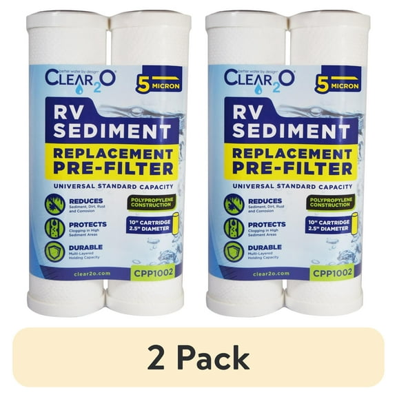 (2 pack) CLEAR2O RV Sediment Universal PreFilter, 5 MICRON, 2 Pack, 10" x 2.5" Reduces Dirt, Sediment, and Rust (CPP1002)