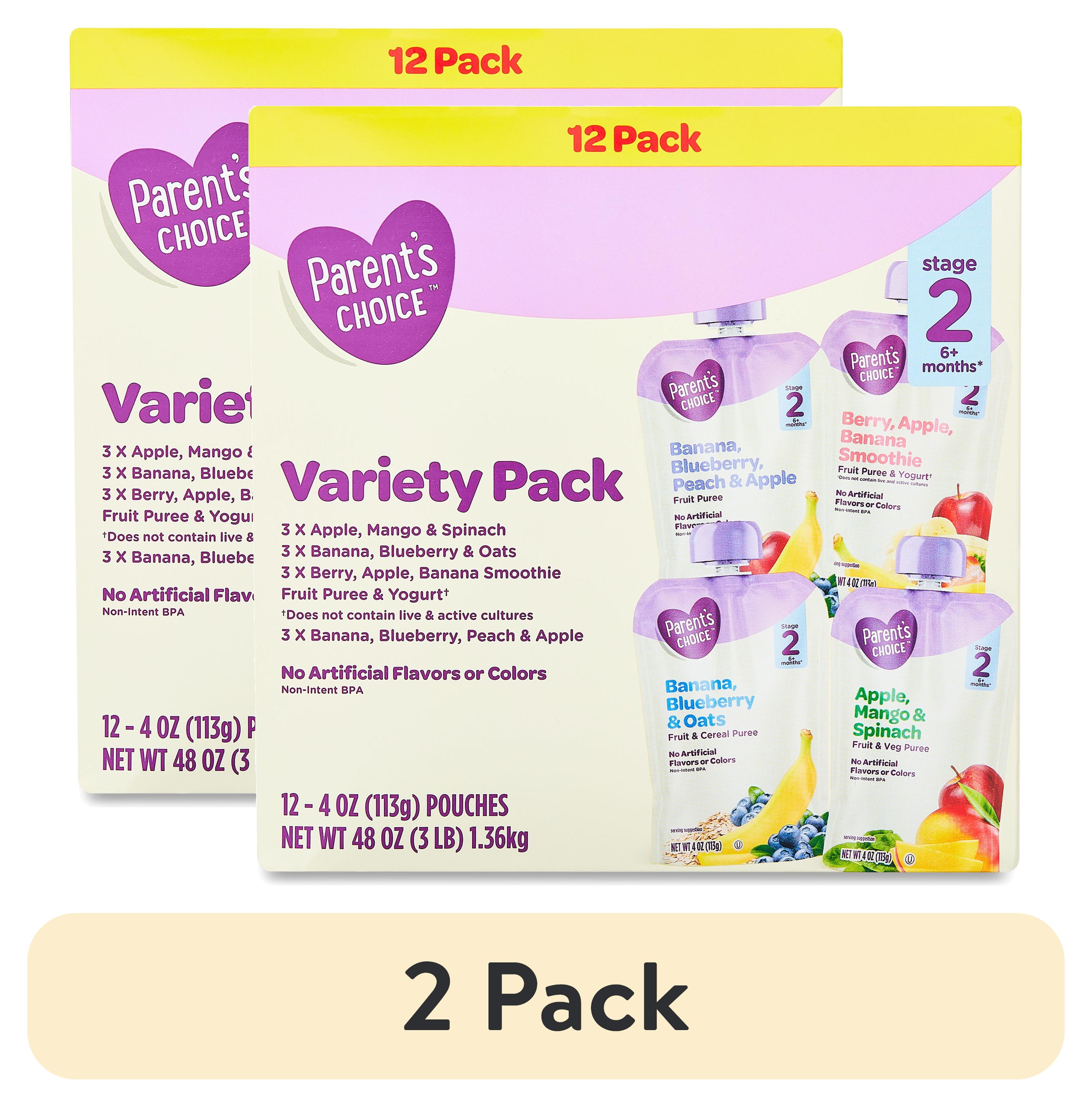 (2 pack) Parent's Choice Stage 2 Baby Food Variety Pack, 4 oz Pouch, 12 Pack