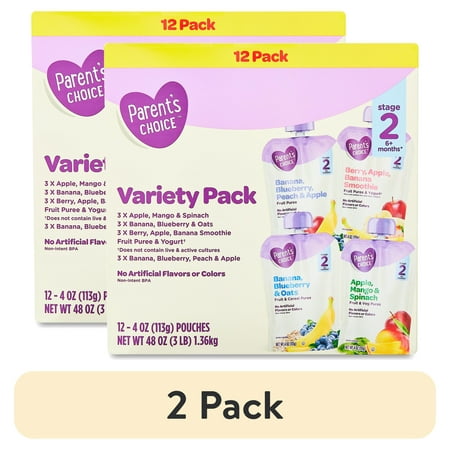 (2 pack) Parent's Choice Stage 2 Baby Food Variety Pack, 4 oz Pouch, 12 Pack