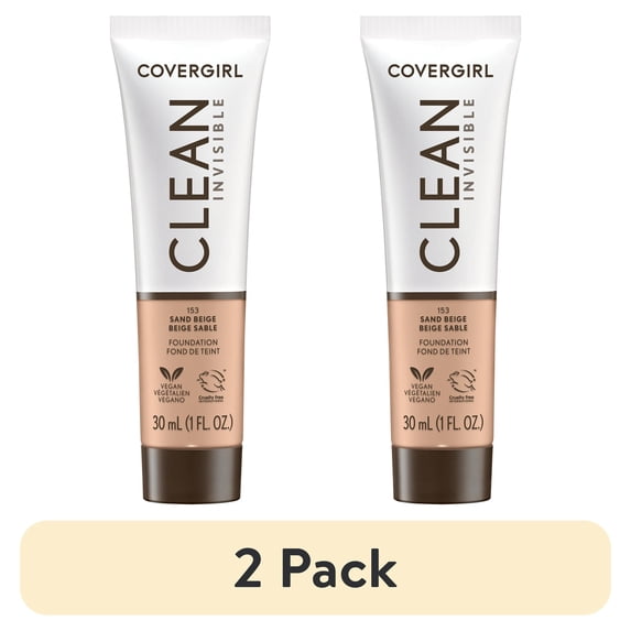 (2 pack) COVERGIRL Clean Invisible Liquid Foundation, 153 Sand Beige, 1.0 fl oz