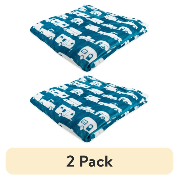 (2 pack) Camco Life is Better at The Campsite Camper/RV Plush Fleece Blanket | Queen Size | Blue, Polyester (53440)