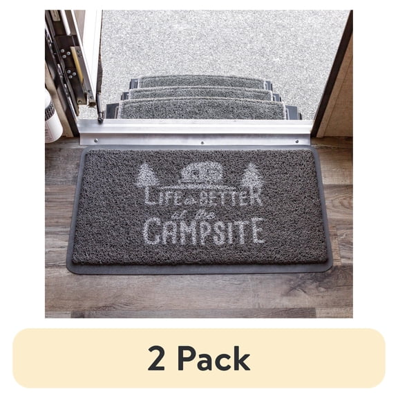 (2 pack) Camco "Life is Better at The Campsite" Camper Scrub Rug/Door Mat, Looped PVC, Gray and White (53197)