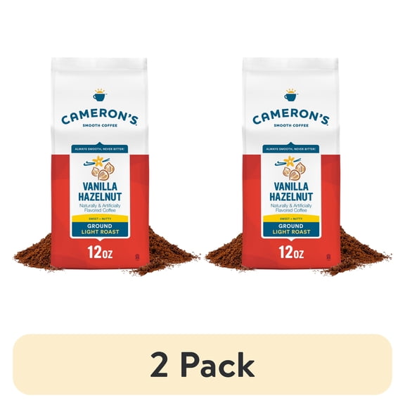 (2 pack) Cameron's Coffee Vanilla Hazelnut Flavored Light Roast Ground Arabica Coffee, Sweet & Nutty, 12 oz Bag