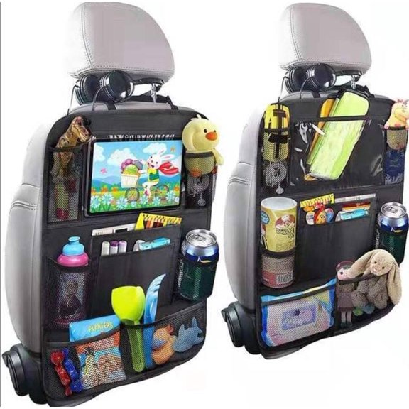 2 pack Car Backseat Organizer Table Holder, 9 Storage Pockets Seat Back Protectors Kick Mats for Kids Toddlers, Travel Accessories